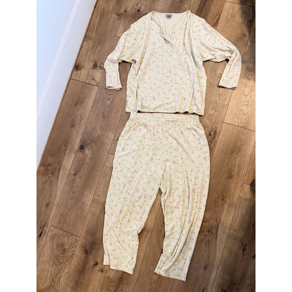 L.L. Bean Cream Floral Wide-Leg Pajama Pants Set